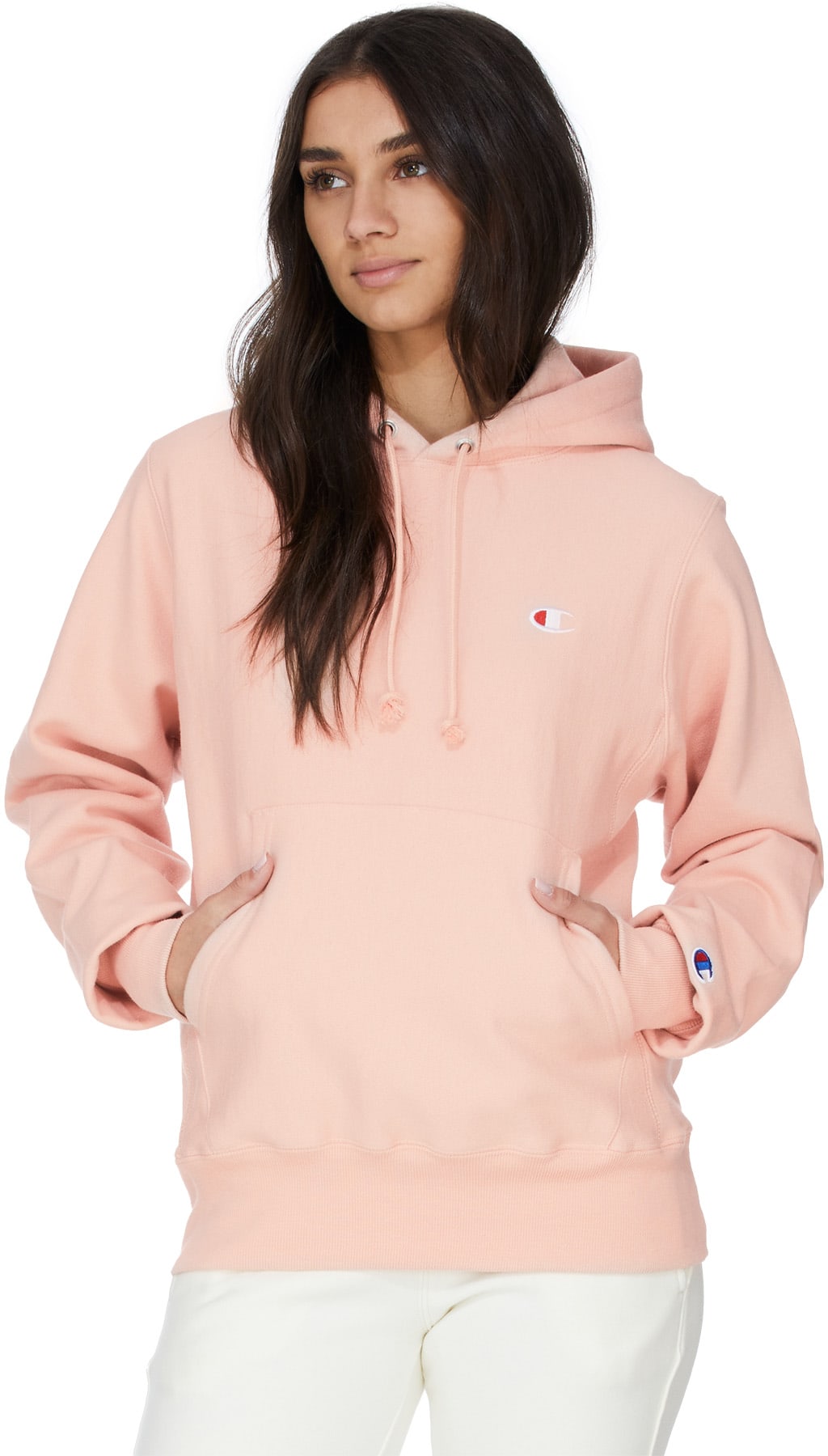 champion classic logo patch hoodie sweatshirt blushing peach