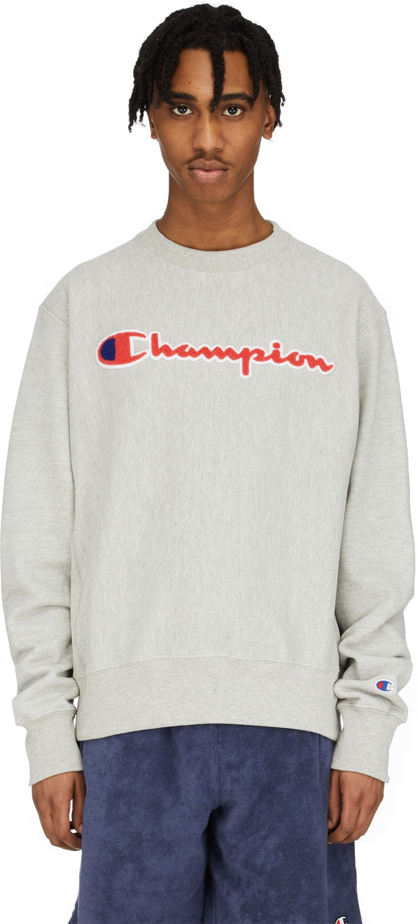 champion reverse weave chenille script crew neck sweatshirt