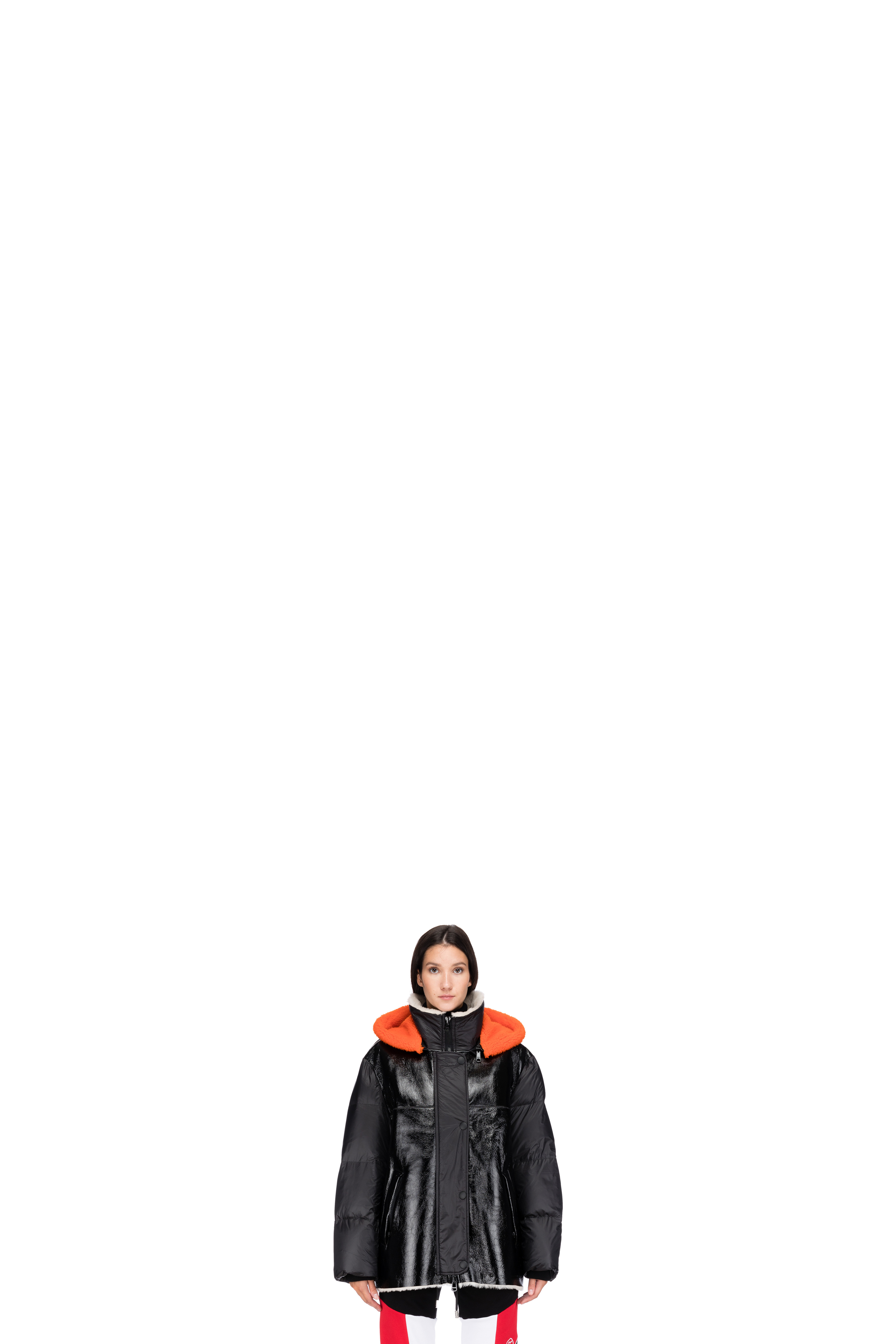 Black Leather Vinyl Shearling Hooded Down Jacket