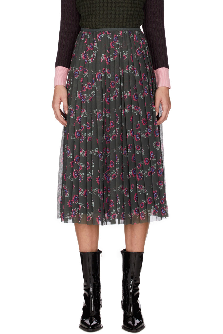 Kenzo: Pleated 'Passion Flower' Skirt - Dark Khaki | influenceu