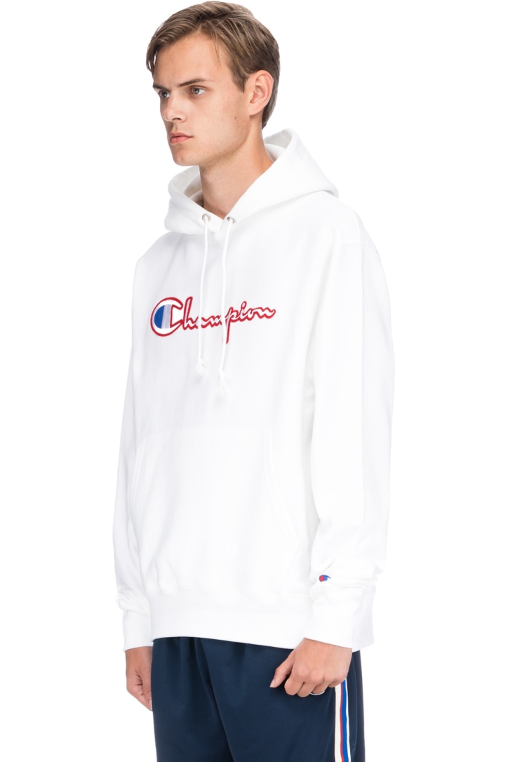 Champion: Reverse Weave Satin Script Logo Pullover Hoodie - White | influenceu