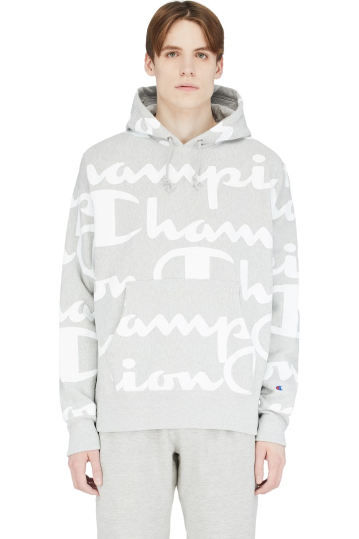 champion reverse weave allover script grey hoodie
