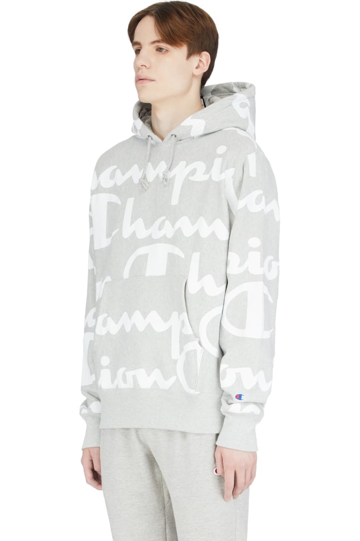 champion reverse weave allover script grey hoodie