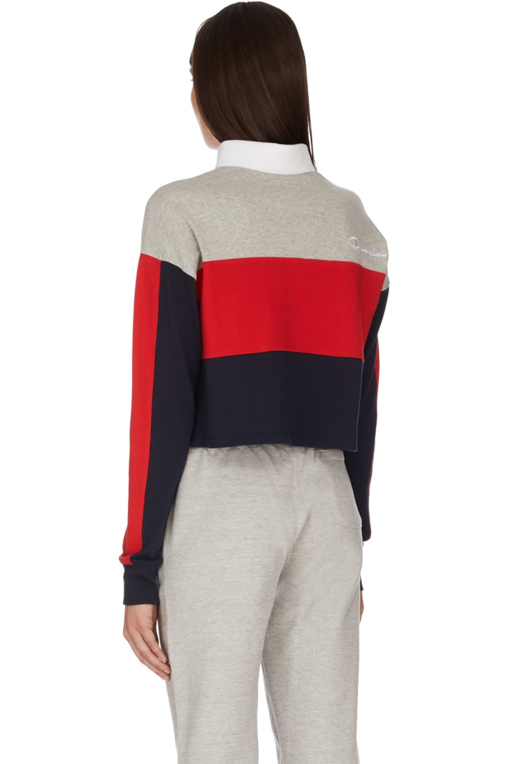 Champion: Rugby Cropped T-Shirt - Grey/Scarlet/Navy | influenceu