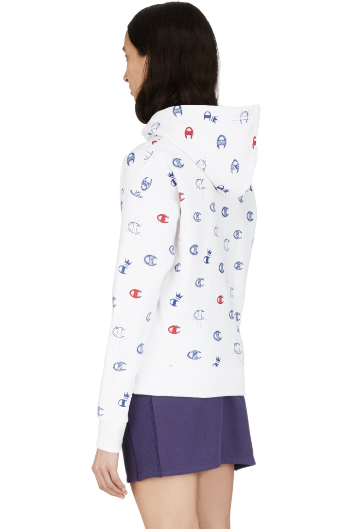 Champion Reverse Weave Allover C Logo Pullover Hoodie White Surf The Web Red Spark Influenceu