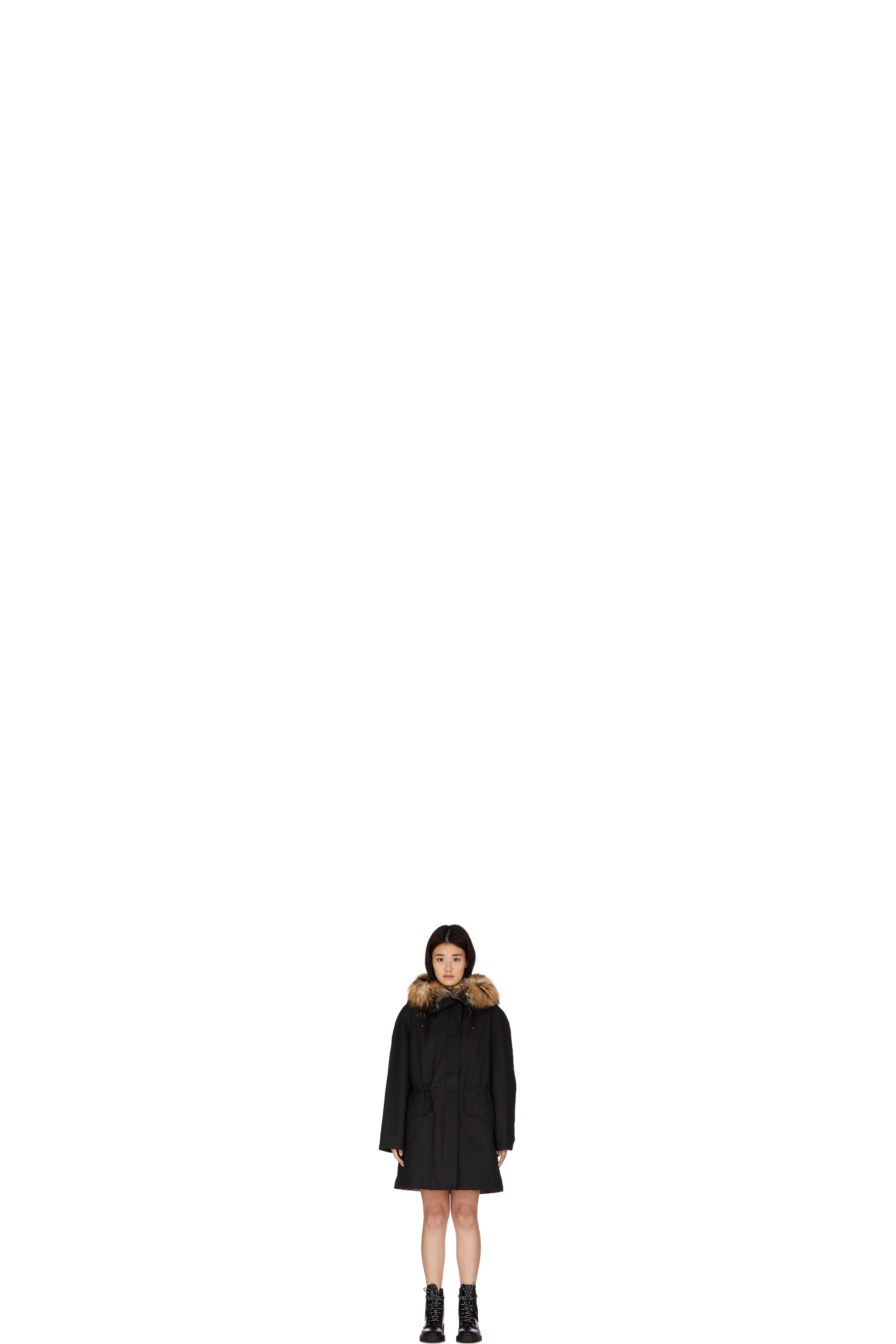 Parka Long Fourrure de Renard Encapuchonnée Noir
