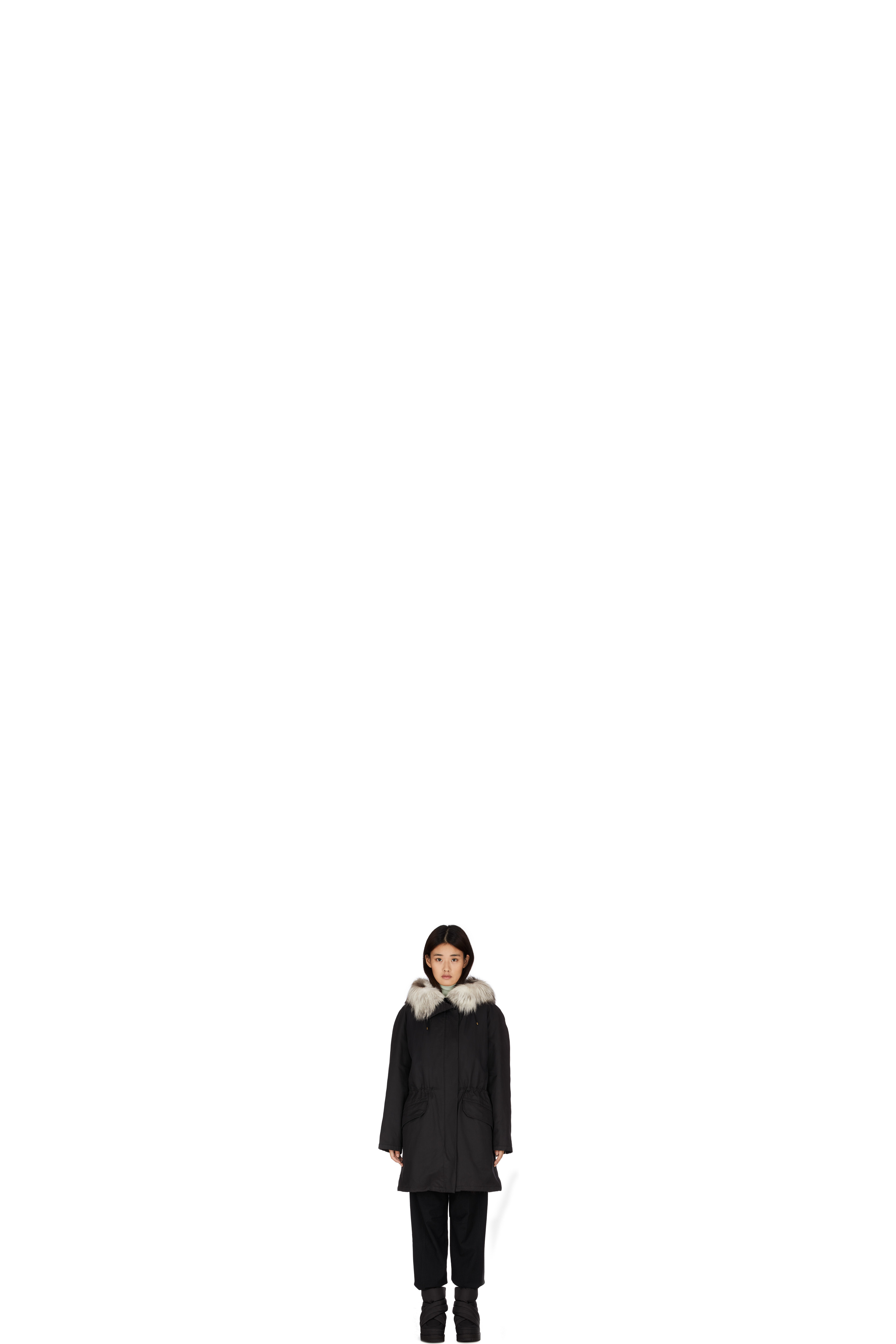 Parka Long Fourrure de Renard Encapuchonnée Noir