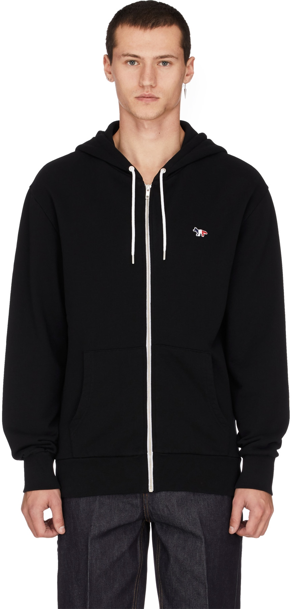 Men Zip Hoodie Tricolor Fox Patch Black Men Zip Hoodie Tricolor Fox Patch Black