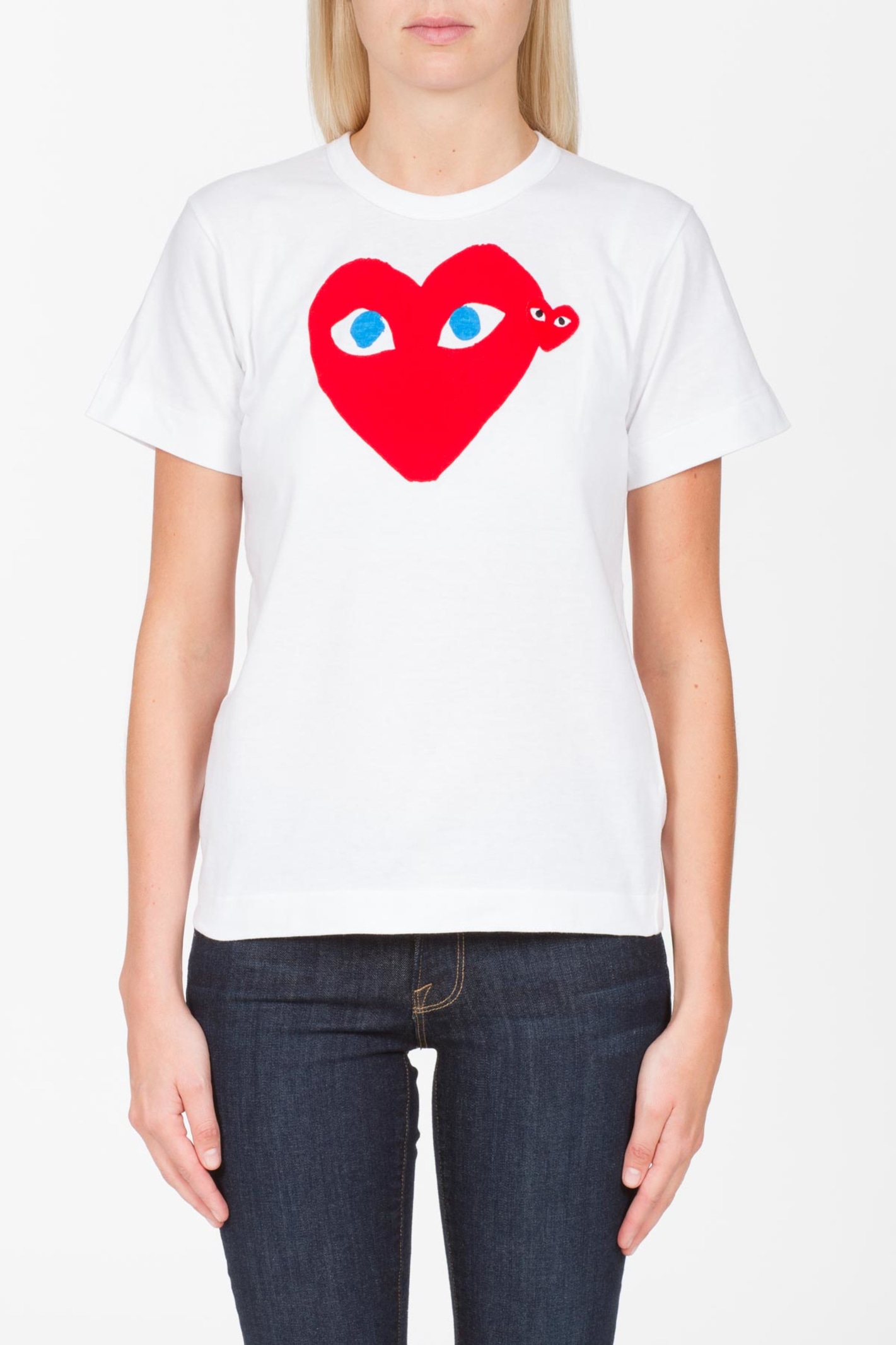 white shirt with red heart and eyes