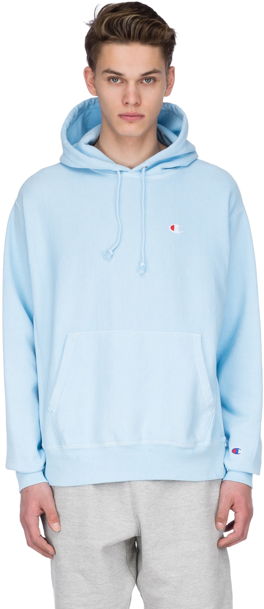 light blue champion reverse weave hoodie