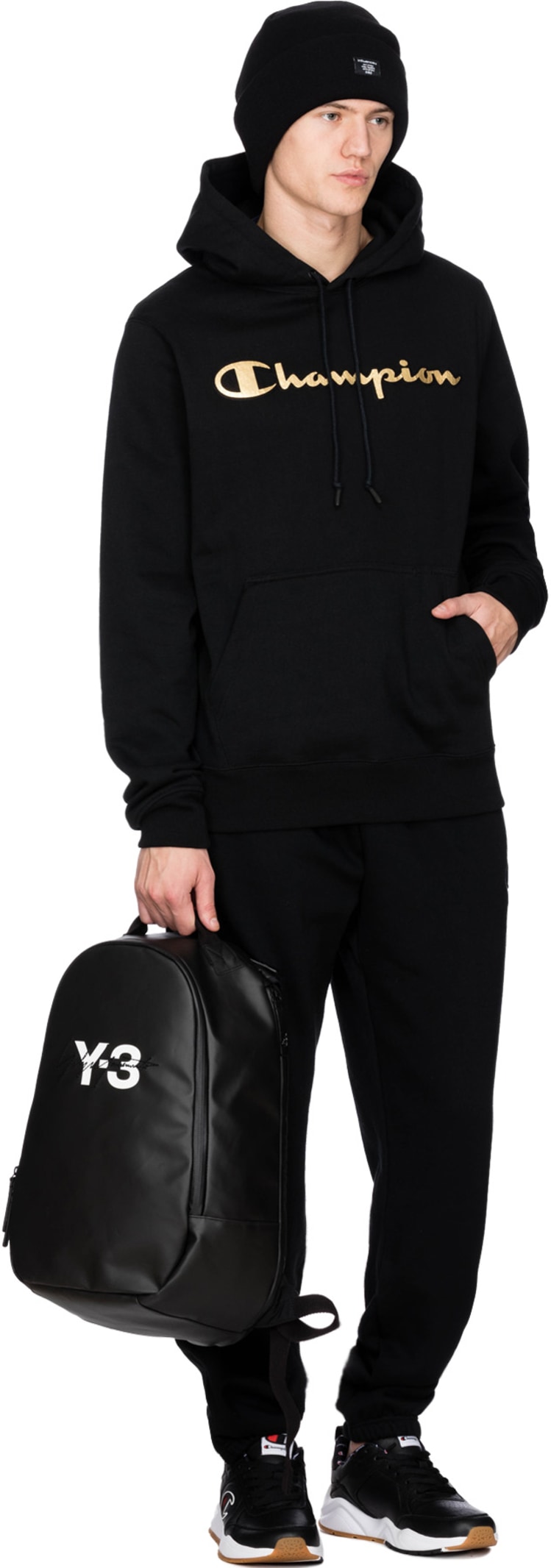 white champion hoodie with gold