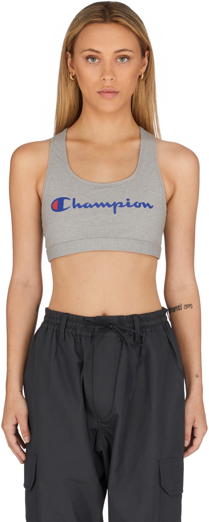 Champion: Gris Brassière de Sport Redessinée Logo Script Gris - 1