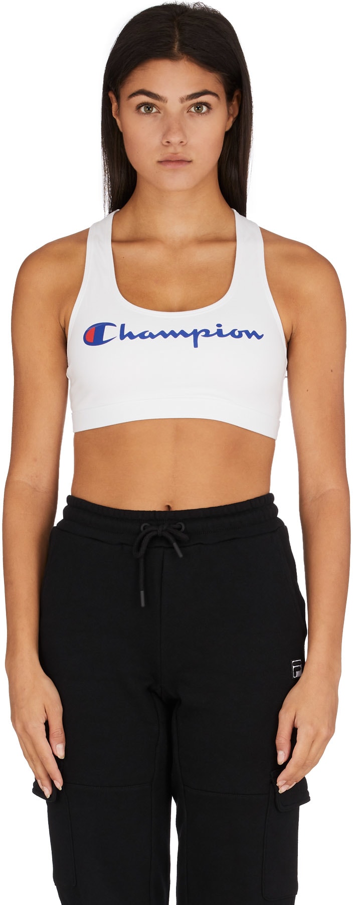 Champion: Blanc Brassière de Sport Redessinée Logo Script Blanc - 1