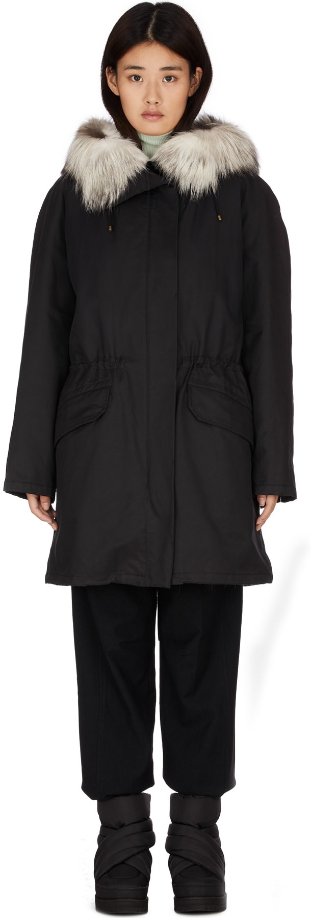 Yves Salomon: Noir Parka Long Fourrure de Renard Encapuchonnée Noir - 1