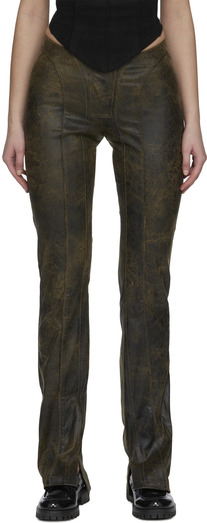 MISBHV: Brun Pantalon Évasé en Cuir Végétalien Brun - 1