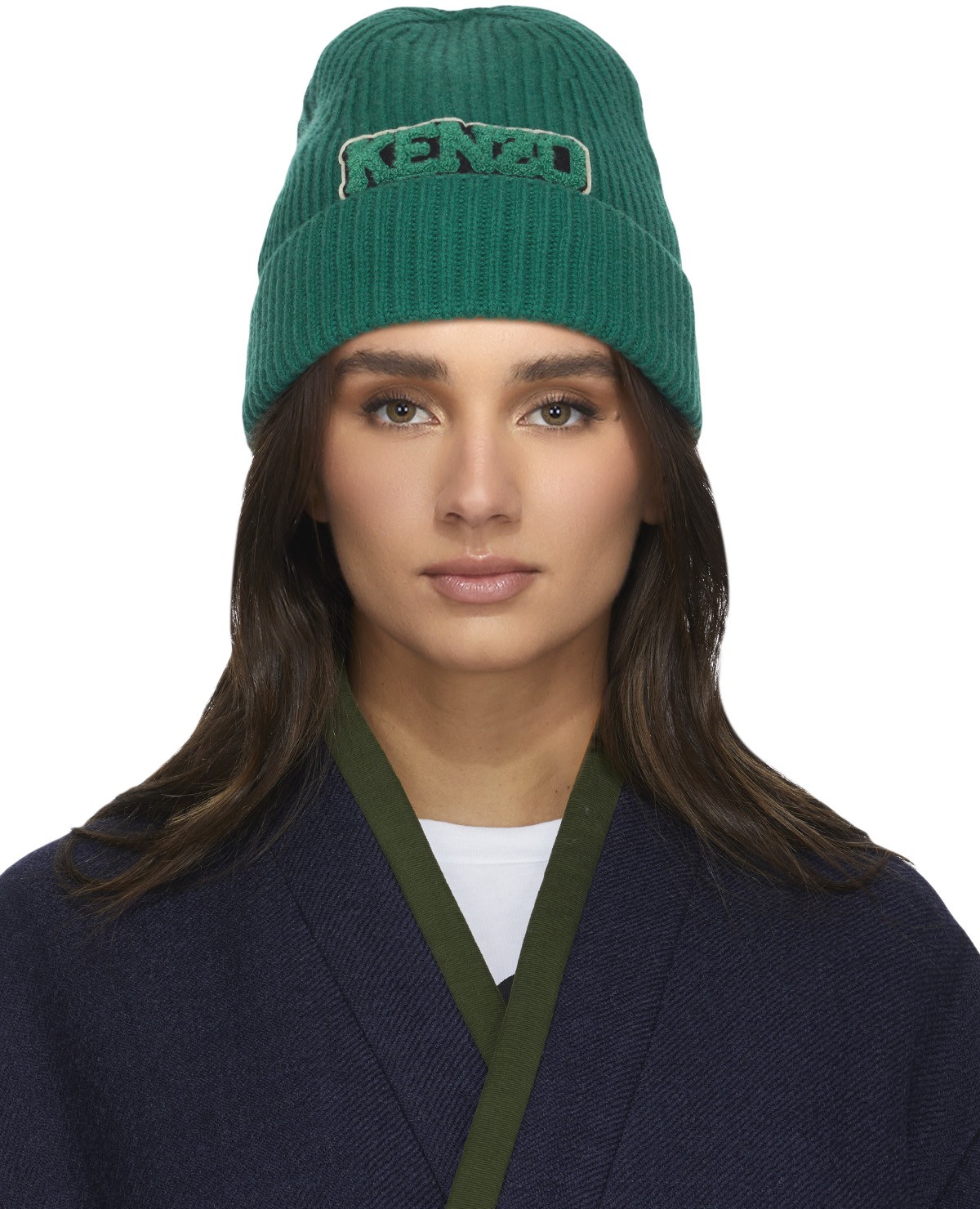 Kenzo: Vert Bonnet en Laine College Patch Vert - 1