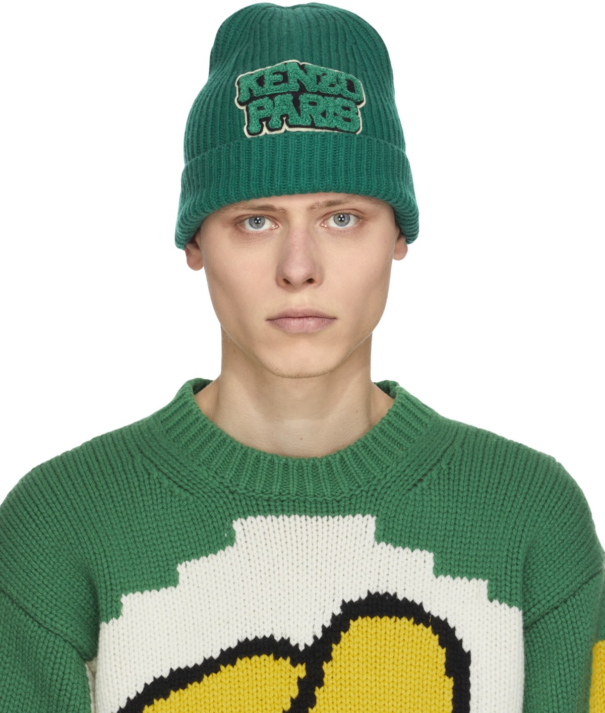 Kenzo: Vert Bonnet en Laine College Patch Vert - 1