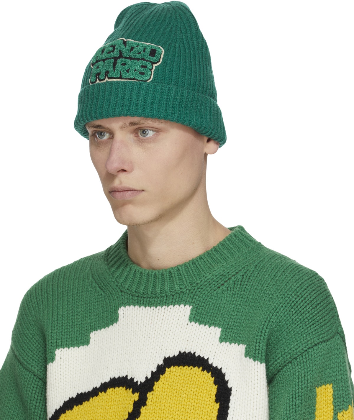 Kenzo: Vert Bonnet en Laine College Patch Vert - 2