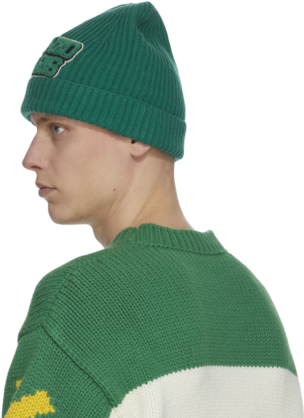 Kenzo: Vert Bonnet en Laine College Patch Vert - 3