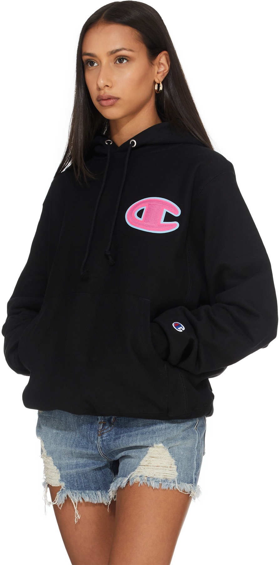 Champion: Black Reverse Weave Chainstitch C Patch Hoodie - 3