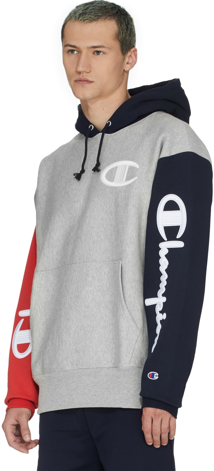 Champion: Grey Reverse Weave Colorblock Hoodie - 3