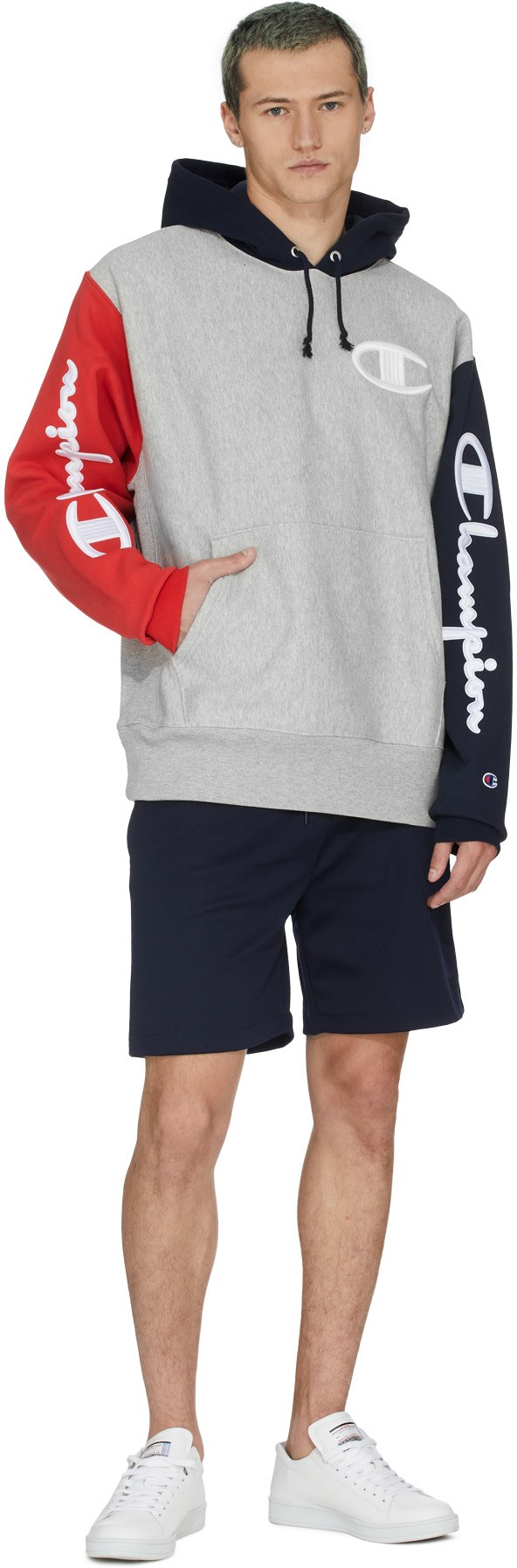 Champion: Grey Reverse Weave Colorblock Hoodie - 4