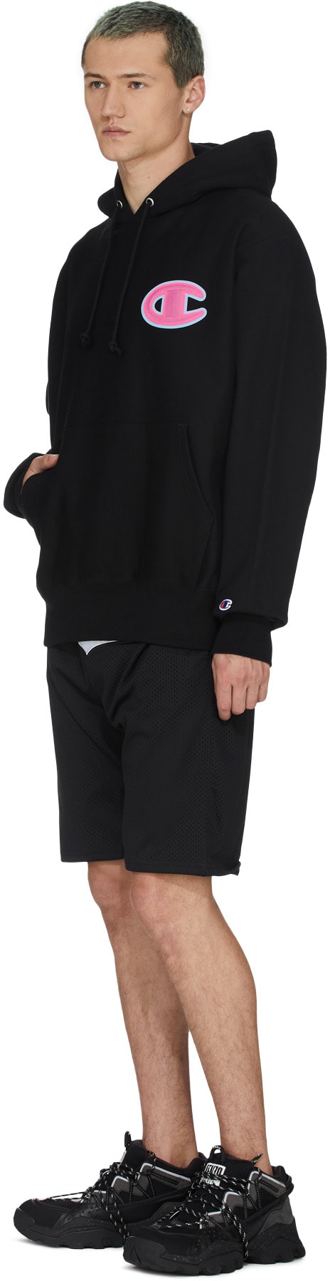 Champion: Black Reverse Weave Chainstitch C Patch Hoodie - 4