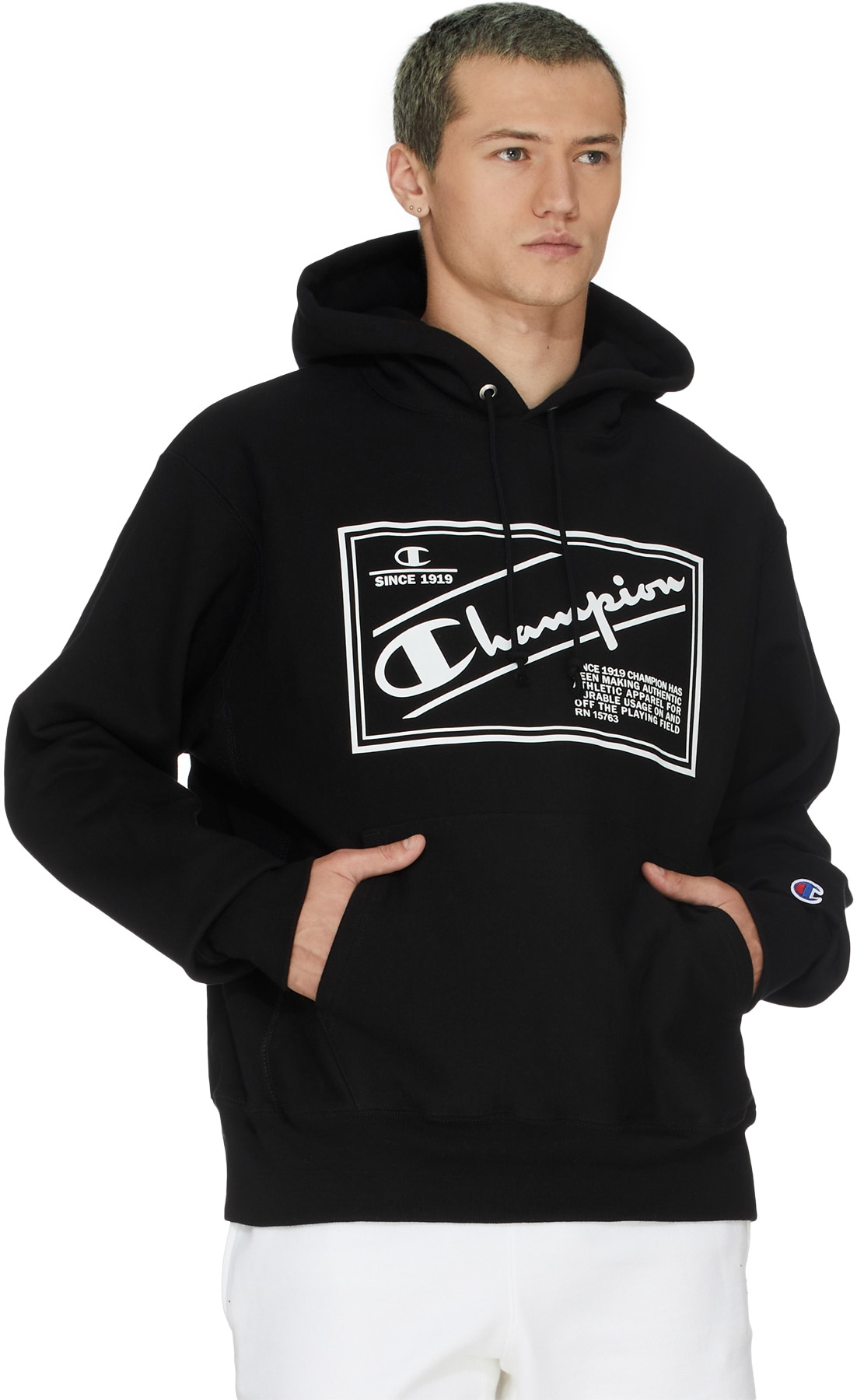 Champion: Black Reverse Weave Label Hoodie - 3