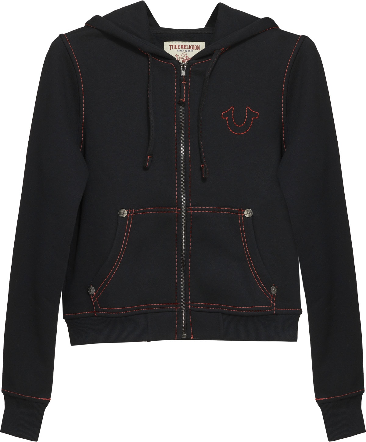 True Religion: Noir Sweat à capuche zippé Big T Stitch Logo Noir - 1