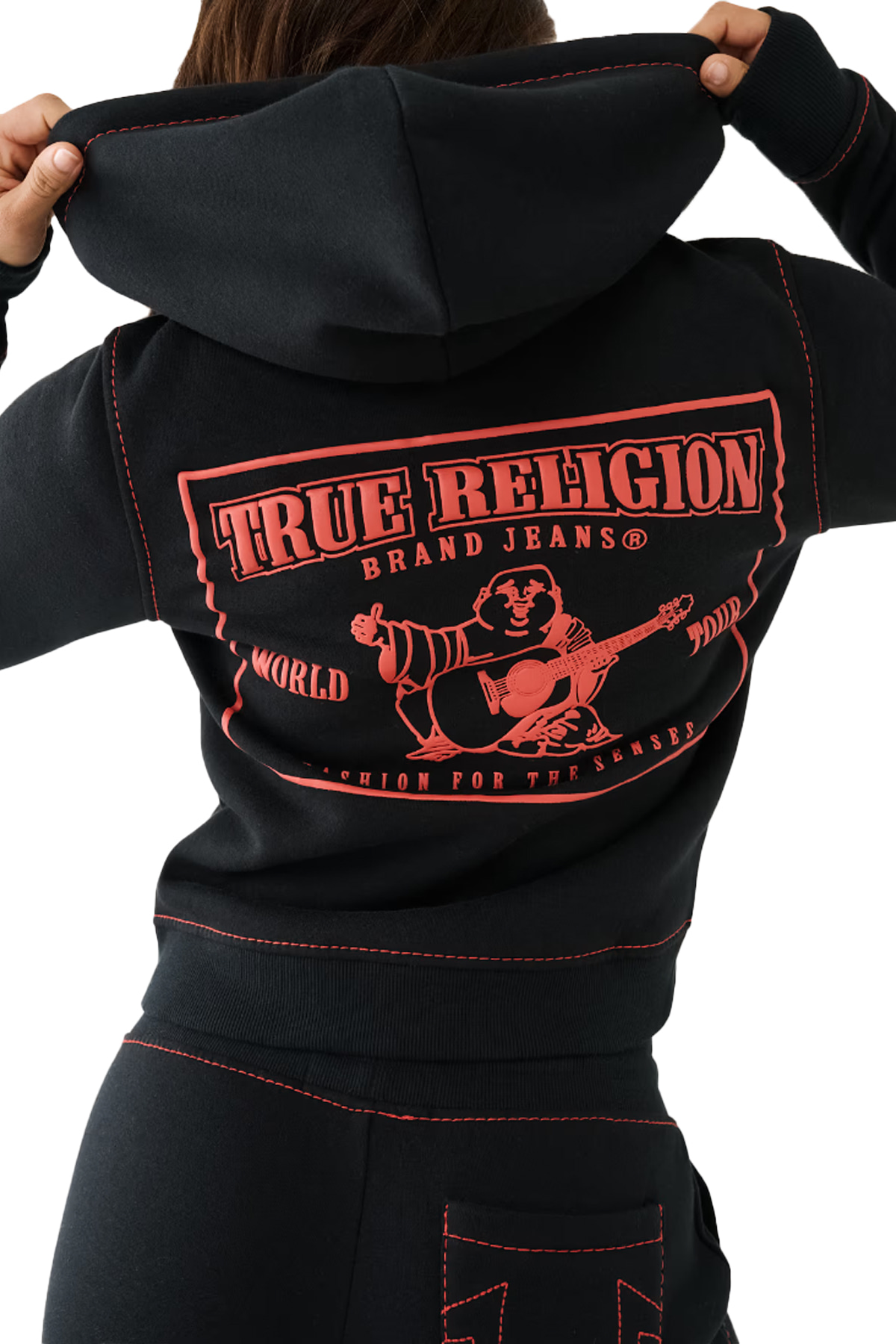 True Religion: Noir Sweat à capuche zippé Big T Stitch Logo Noir - 3