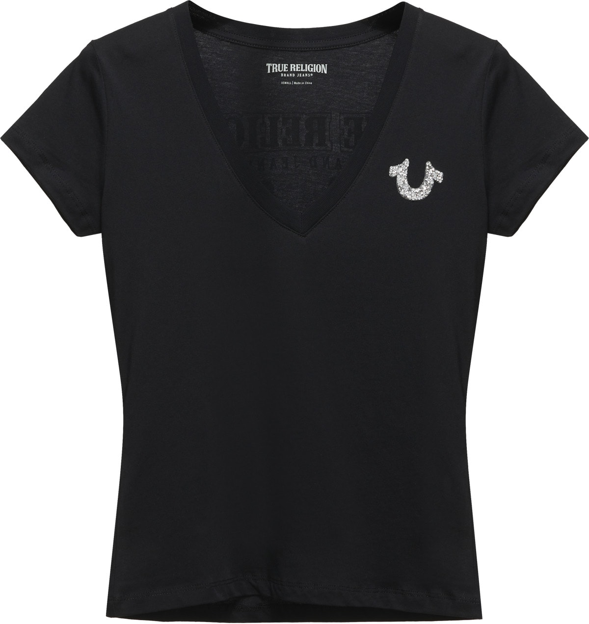 True Religion: Noir T-shirt à col V en forme de fer à cheval en cristal concassé Noir - 1