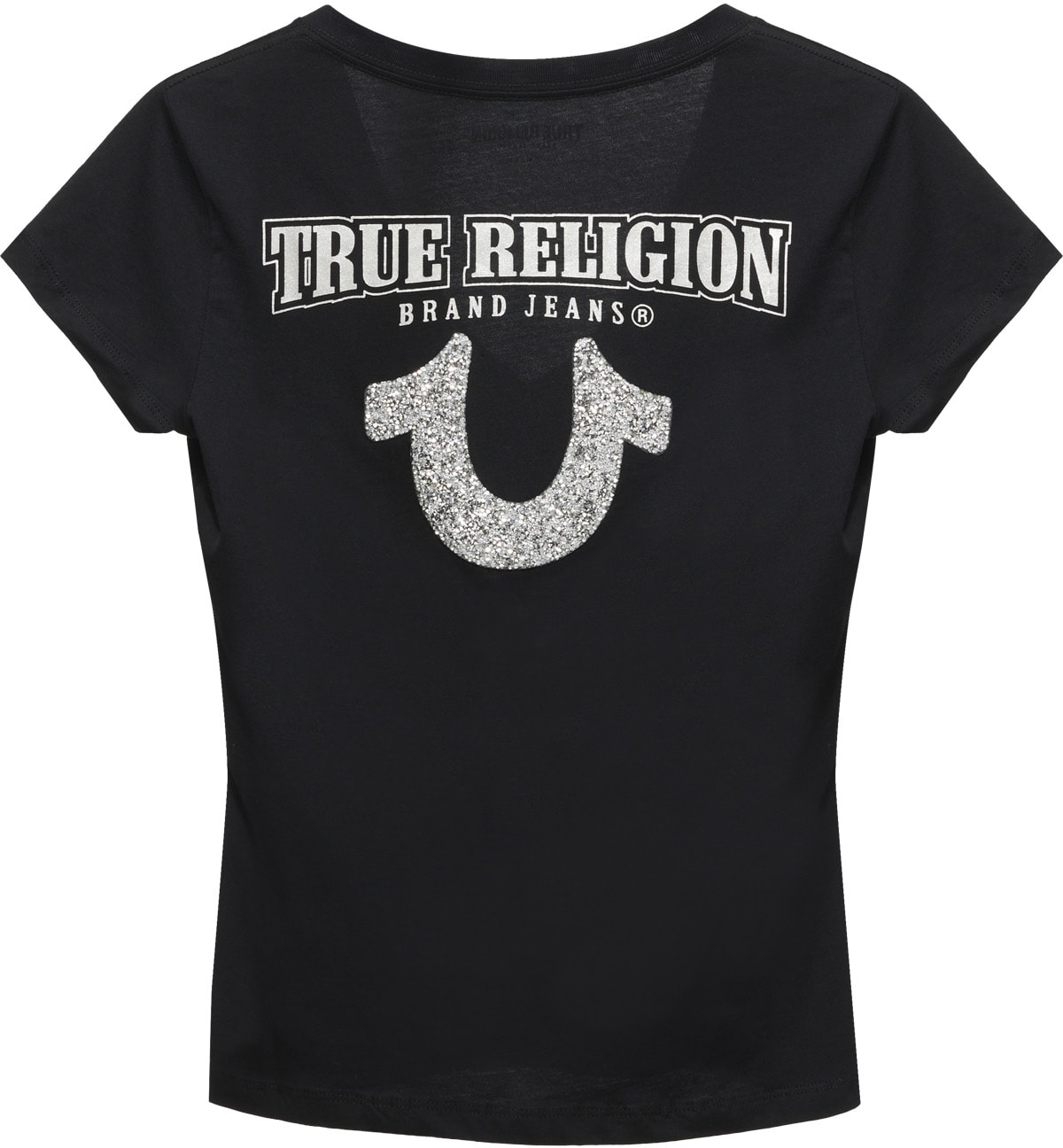 True Religion: Black Crushed Crystal Horseshoe V-Neck T-Shirt - 2