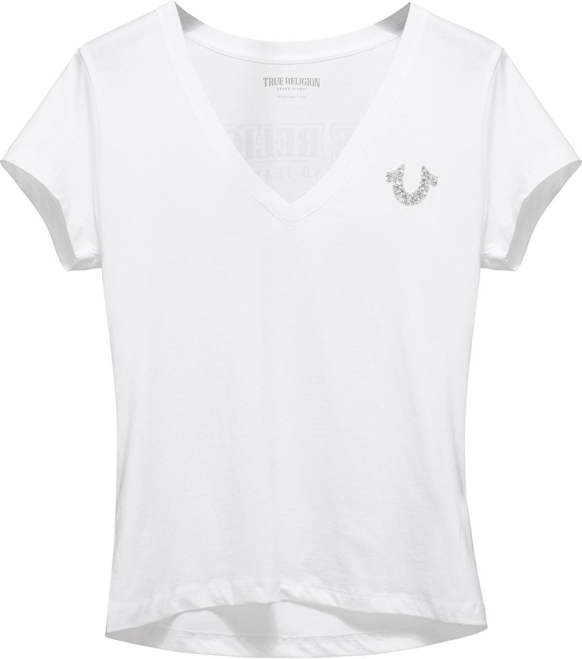 True Religion: White Crushed Crystal Horseshoe V-Neck T-Shirt - 1