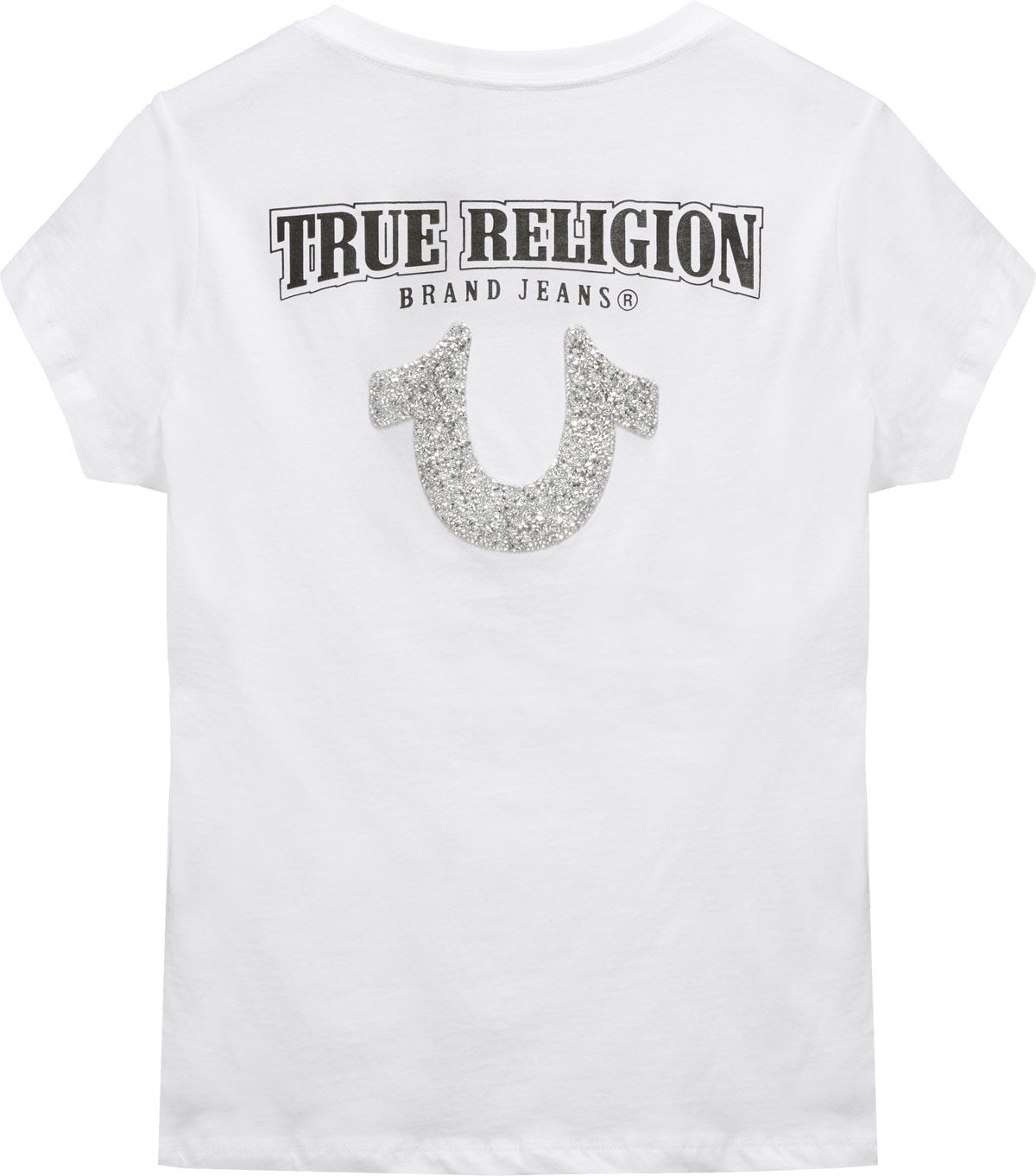 True Religion: White Crushed Crystal Horseshoe V-Neck T-Shirt - 2