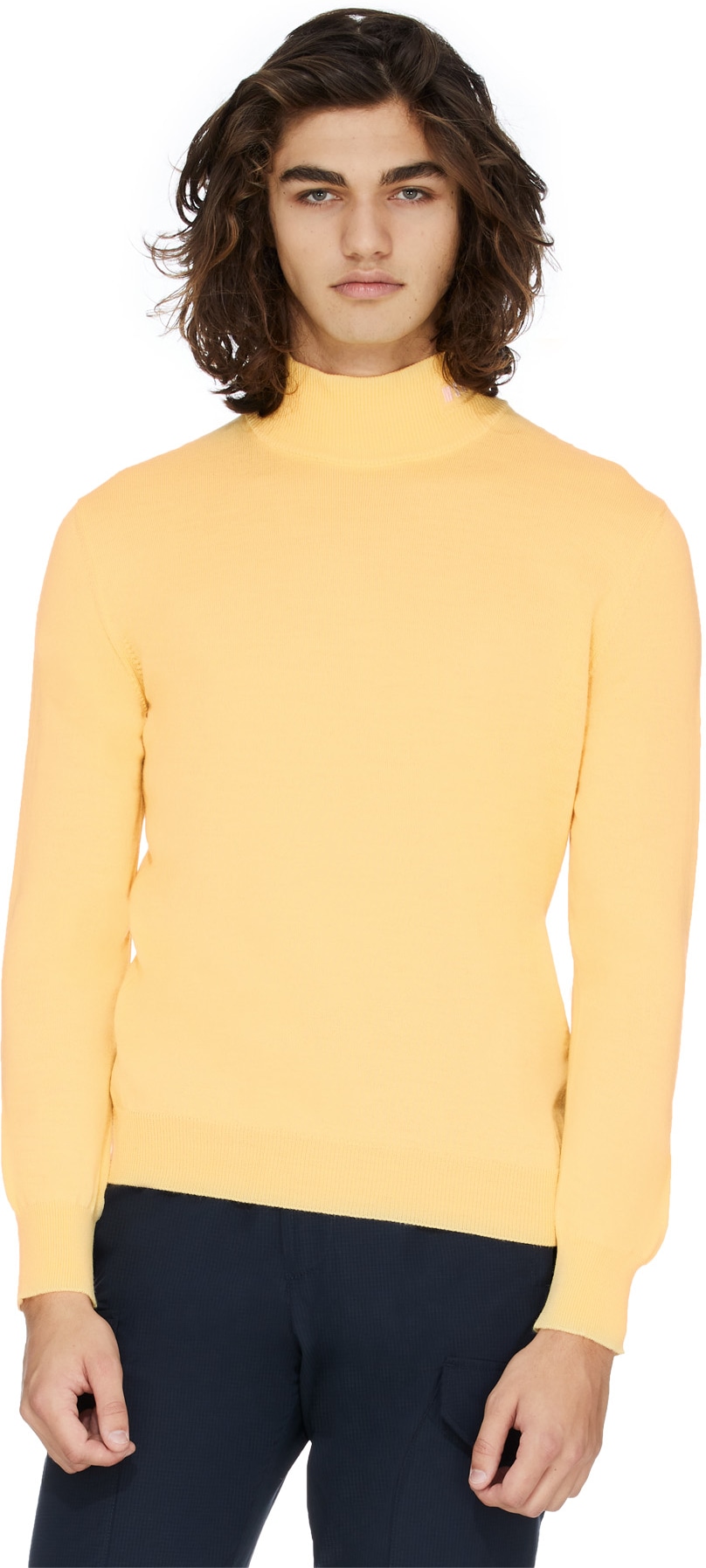 MSGM: Yellow High Neck Micro Logo Knit Sweater - 3