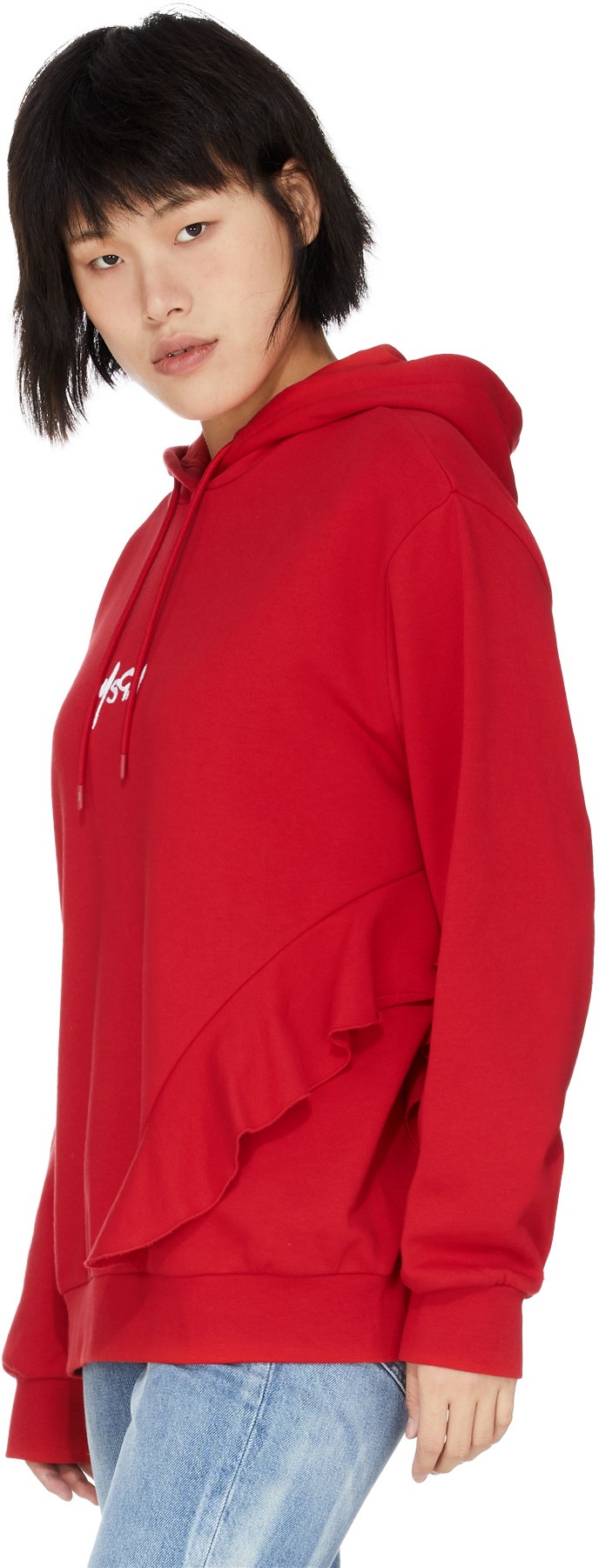 MSGM: Red Ruffles Embroidered Micro Logo Hoodie - 3