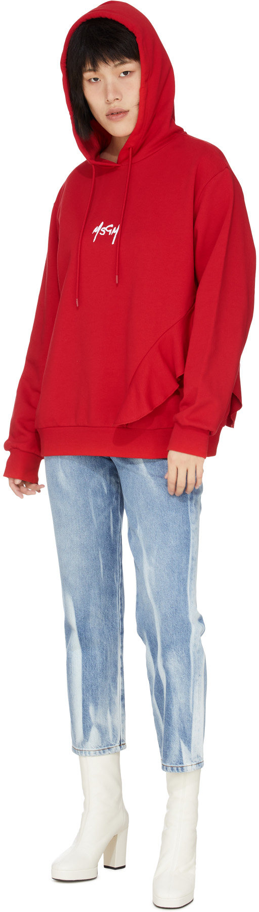 MSGM: Red Ruffles Embroidered Micro Logo Hoodie - 4