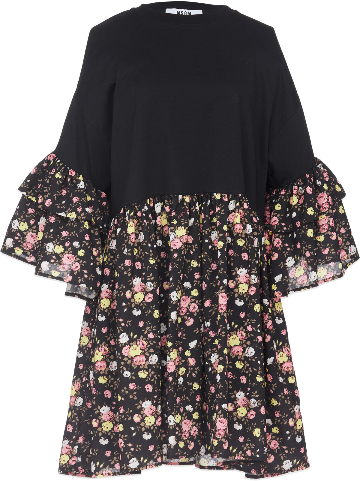 MSGM: Black Floral Ruffled Dress - 1