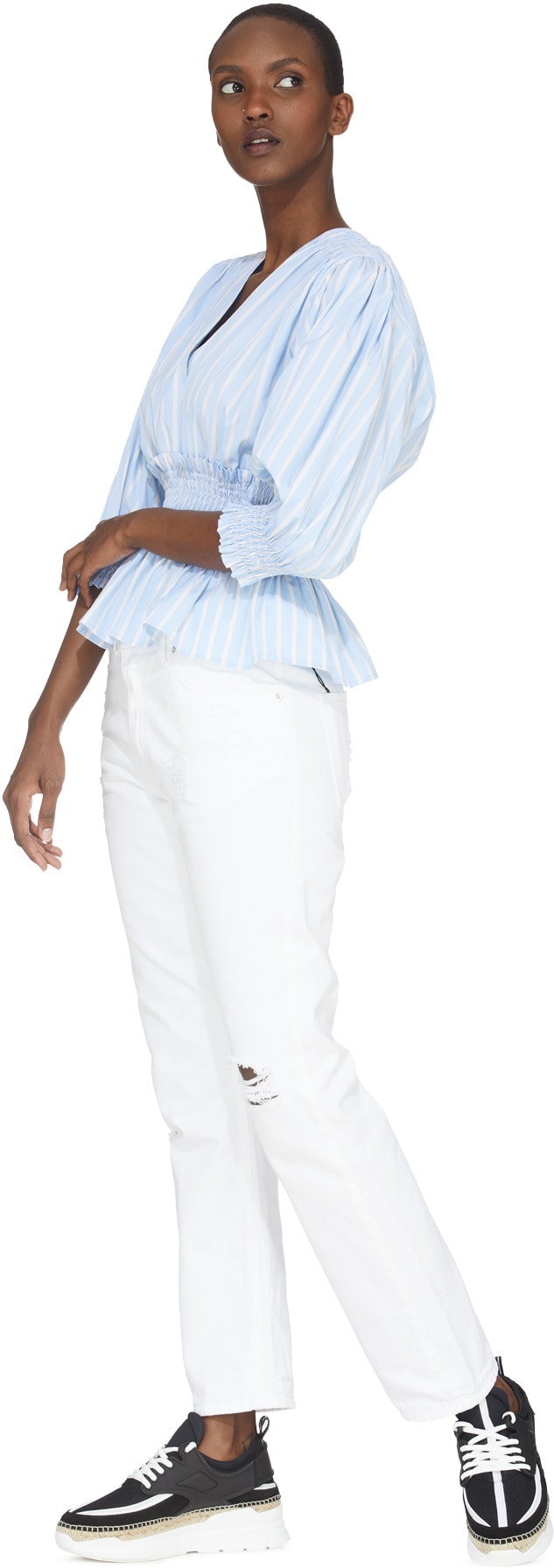 MSGM: Bleu Chemisier Rayé á Col V Bleu - 5