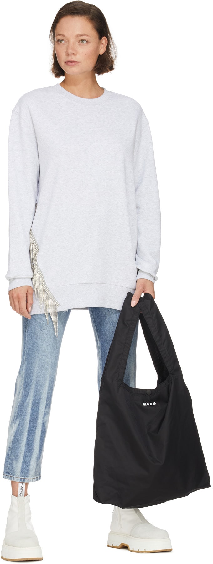MSGM: Grey Swarovski Crystal Fringe Crew Sweater - 5