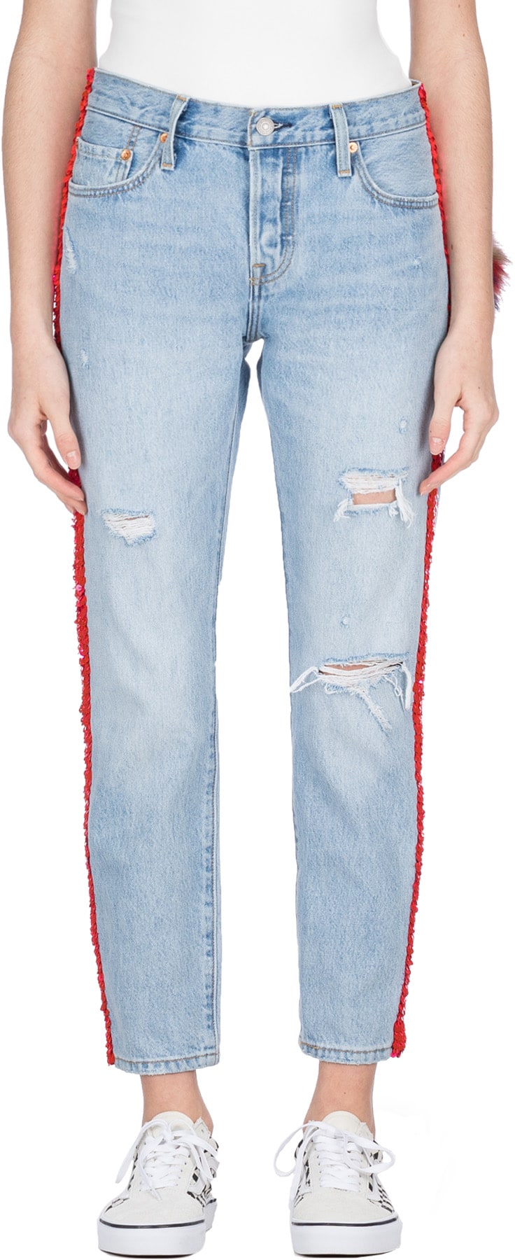 AAA: Blue Sequin Pom Embellished Levis Jeans - 1