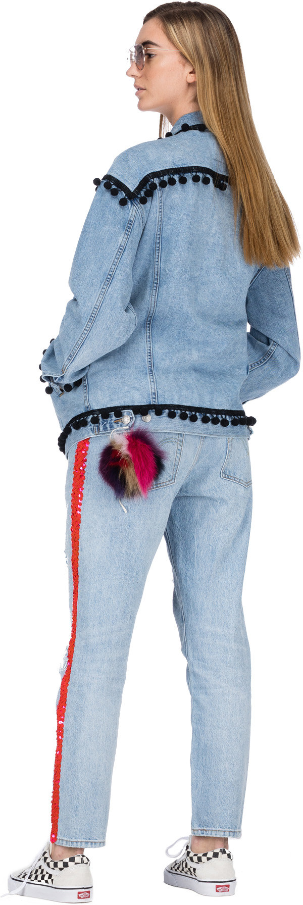 AAA: Blue Sequin Pom Embellished Levis Jeans - 4