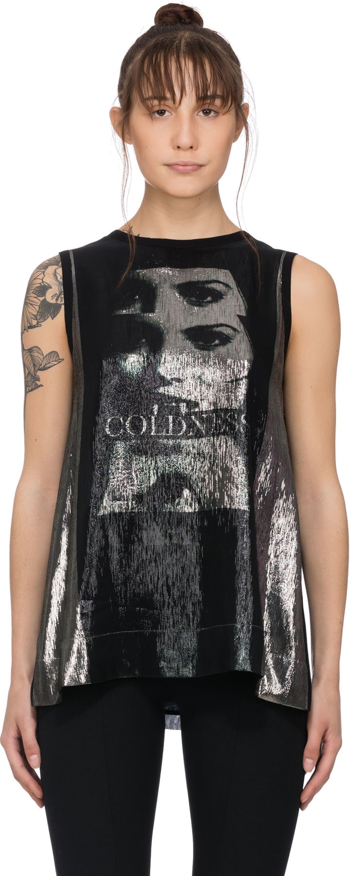 McQ Alexander McQueen: Black Coldness Printed Metalic Sleeveless T-Shirt - 1
