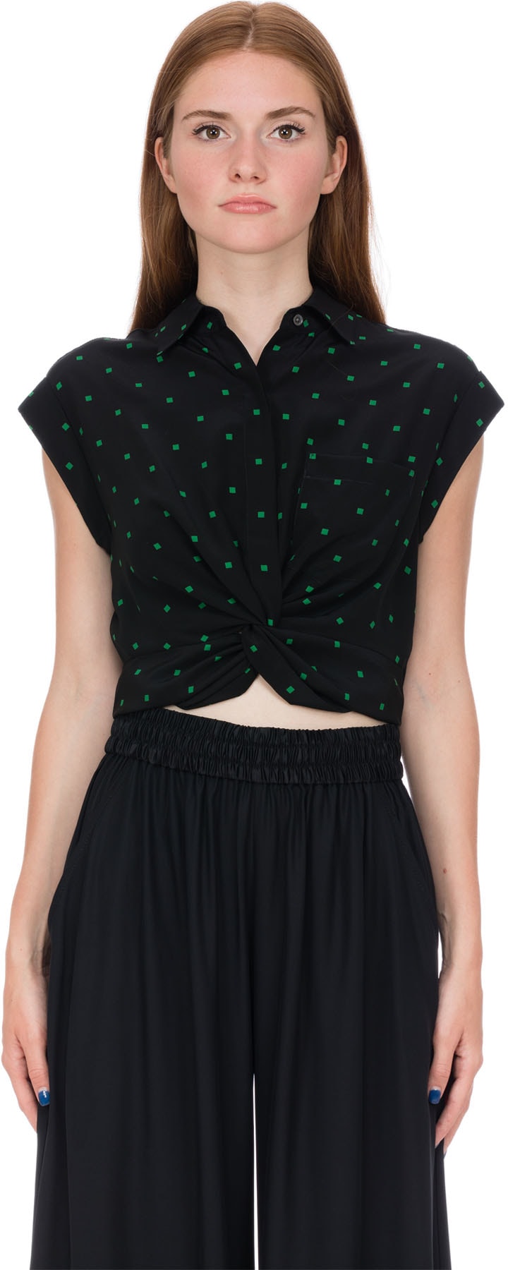 alexanderwang.t: Black Printed Silk Twist Front Collared Cropped Shirt - 1