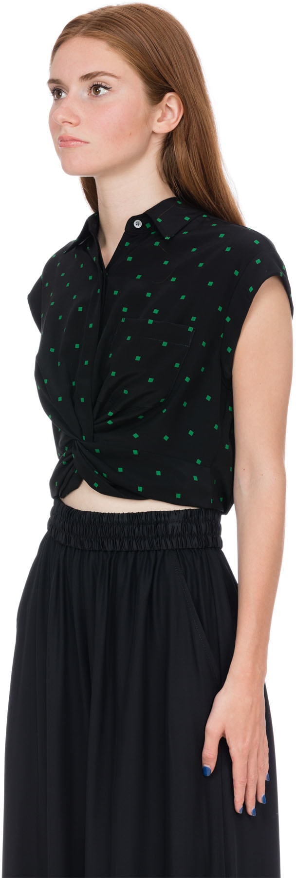 alexanderwang.t: Black Printed Silk Twist Front Collared Cropped Shirt - 2