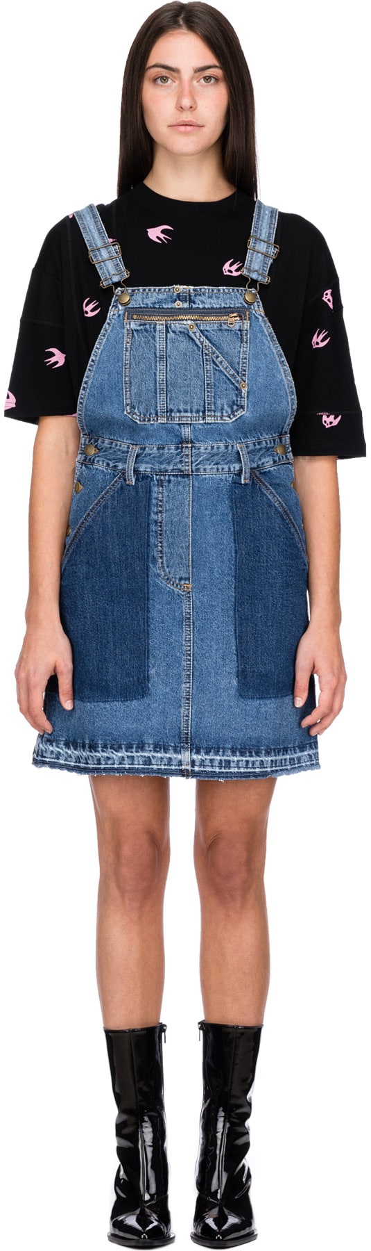 McQ Alexander McQueen: Blue Mini Dungaree Denim Dress - 1