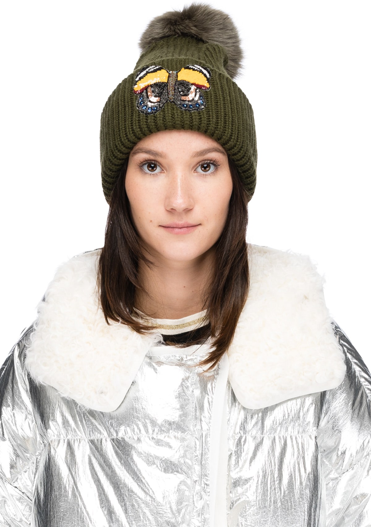 Yves Salomon: Green Butterfly Knit Pom Beanie - 1