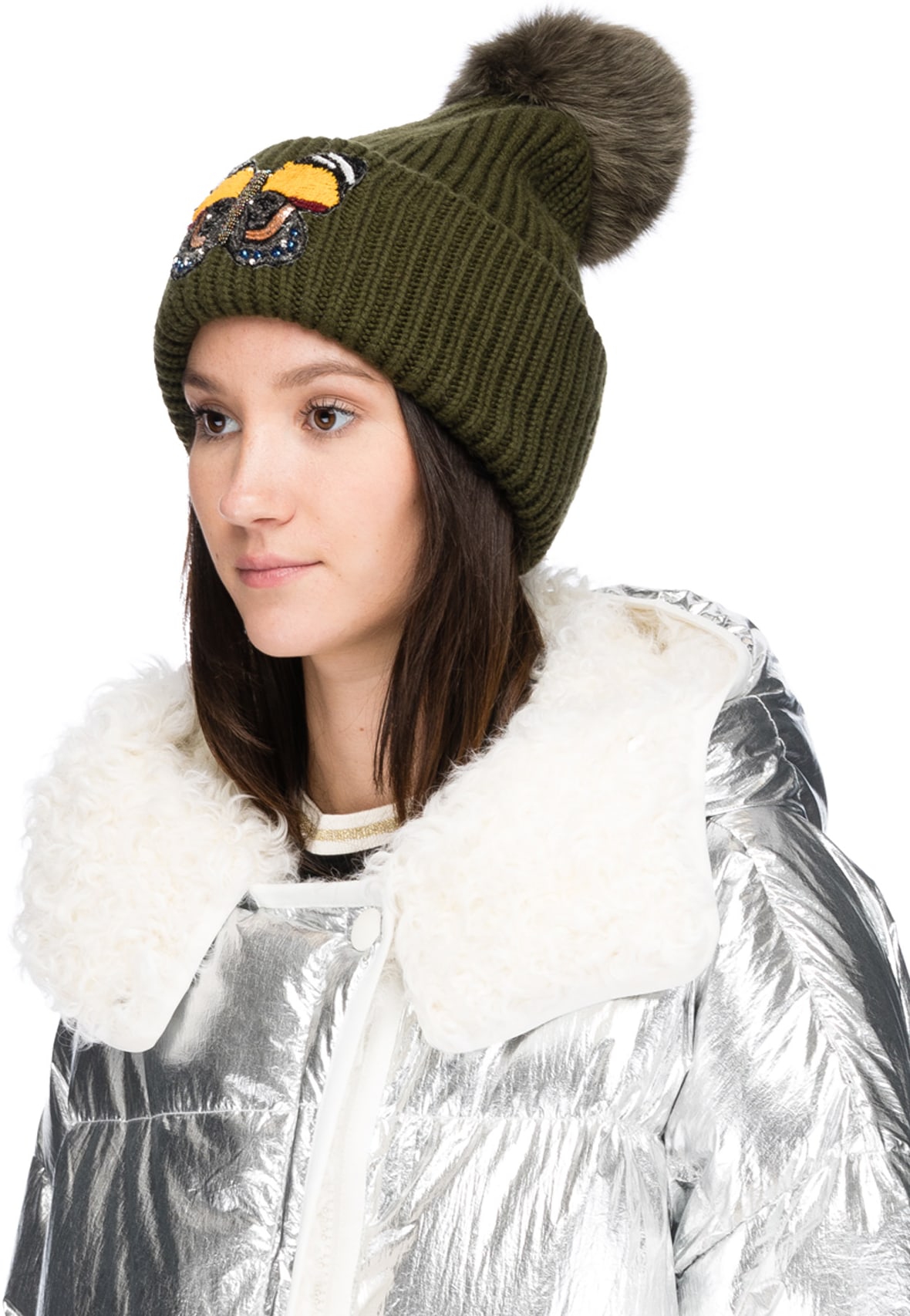 Yves Salomon: Green Butterfly Knit Pom Beanie - 2