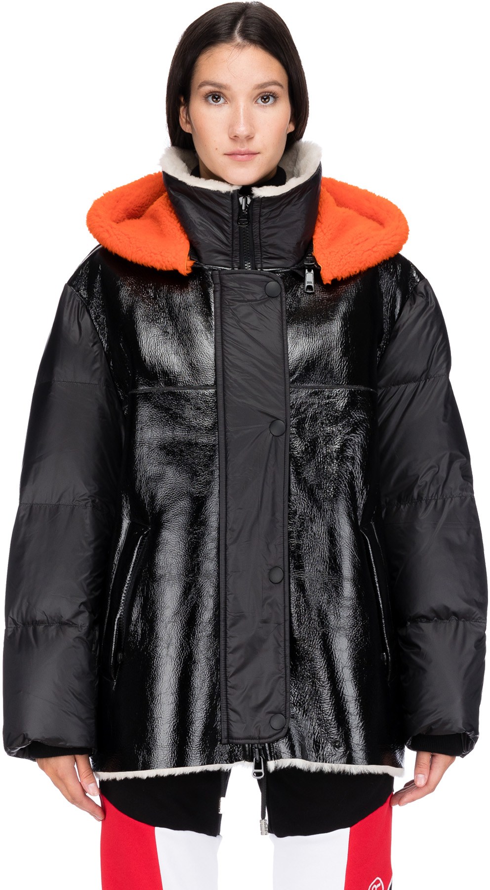 Yves Salomon: Black Leather Vinyl Shearling Hooded Down Jacket - 1