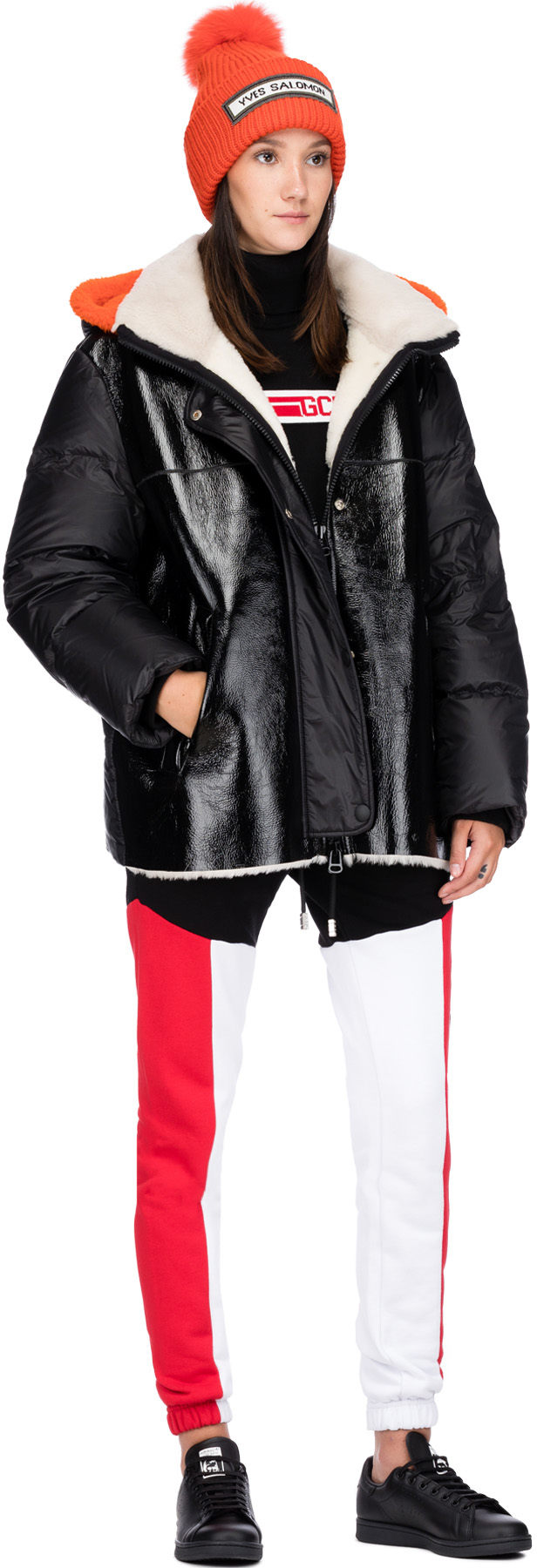 Yves Salomon: Black Leather Vinyl Shearling Hooded Down Jacket - 4